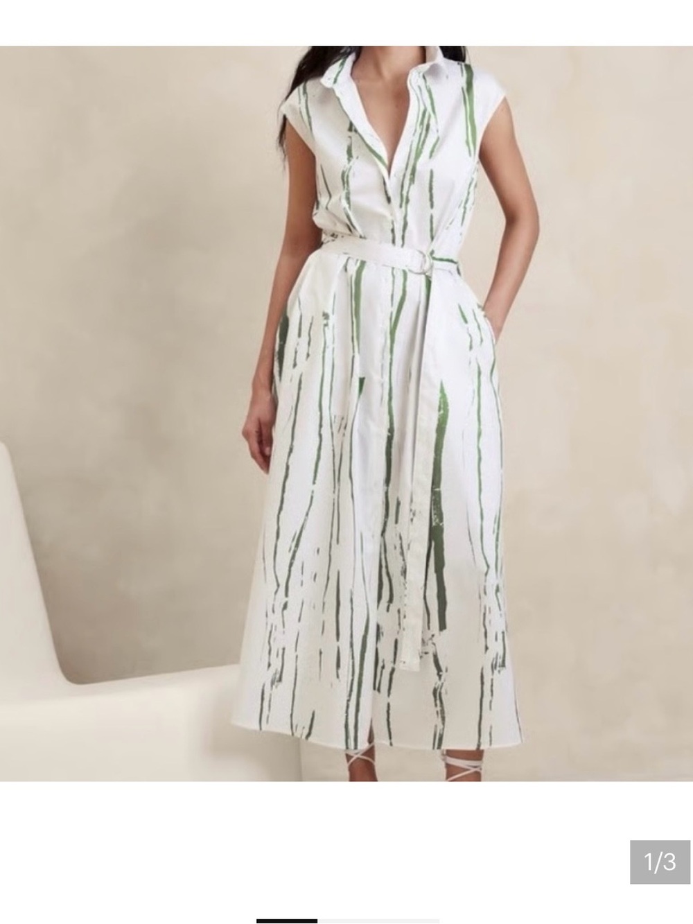 Banana Republic White Midi Shirt Dress with Green Brushstroke Stripes